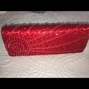 Bijoux Terner Bags - Red satin and bead evening clutch. Bijoux Terner Bags - Red satin and bead evening clutch.